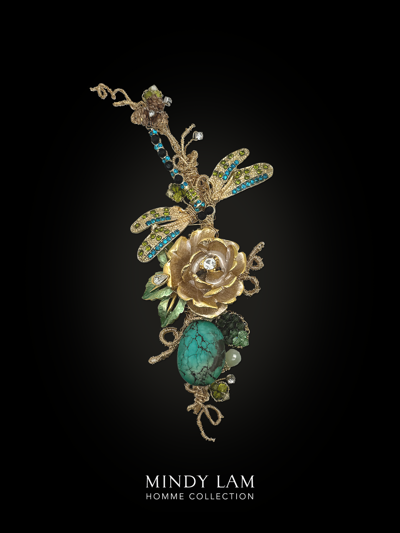 Men's Lapel Pin - Jeweled Rose and Dragonfly