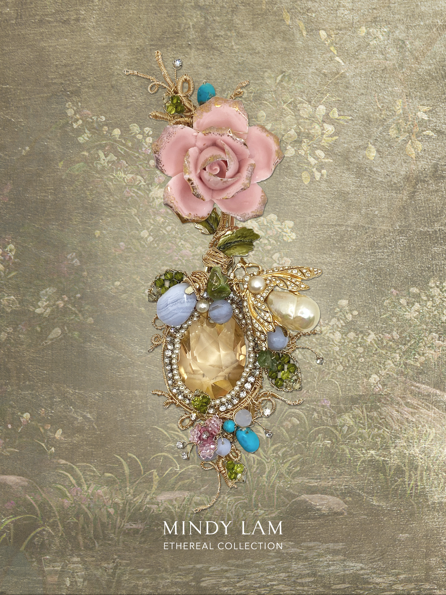 Ethereal Collection Lapel Pin - Regal Moth of Pearls and Roses