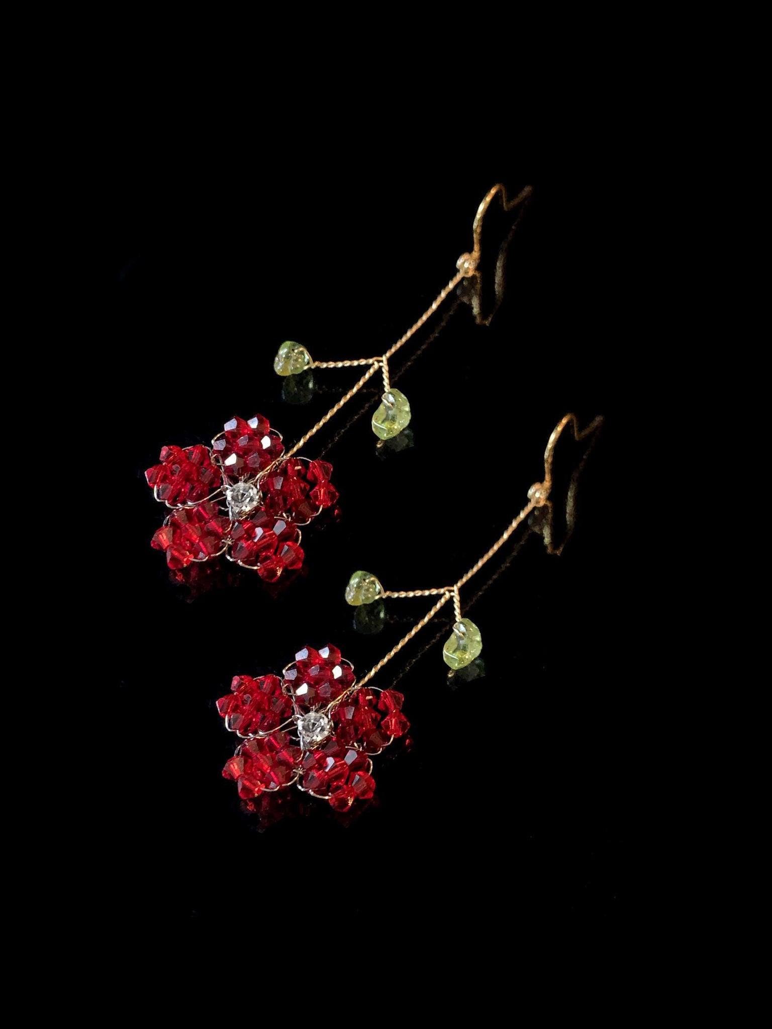 Crimson Red Floral Twist w/ Peridot Earring