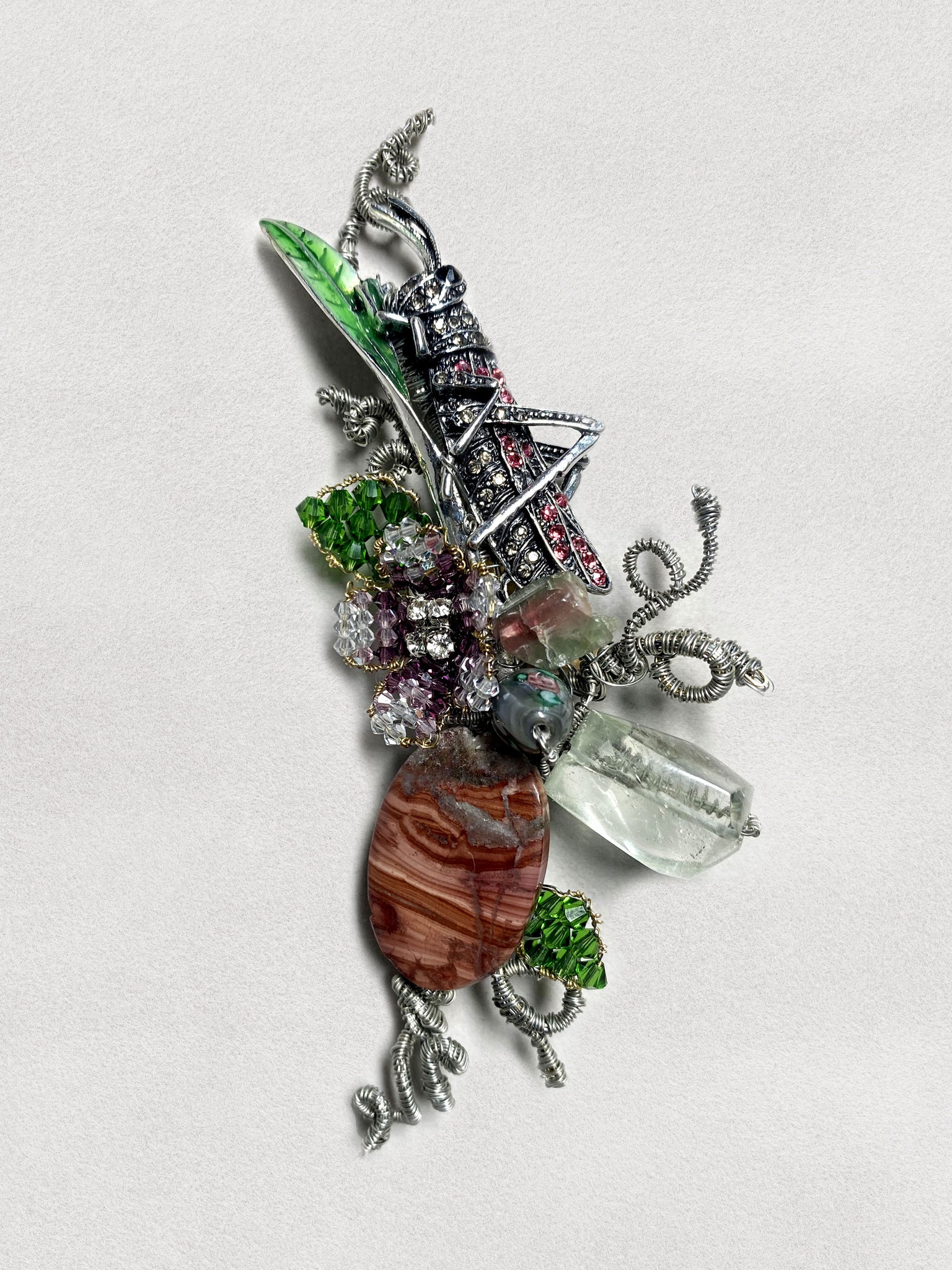 Men's Lapel Pin - Silver Jeweled Grasshopper & the Lilac Bloom